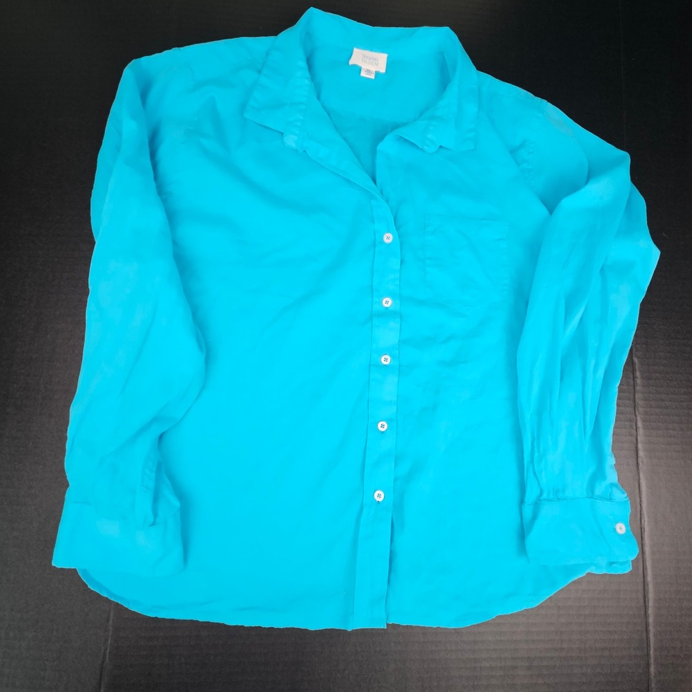 Sigrid Olsen Womens XL Turquoise Blue 100% Cotton Button Down Shirt Long Sleeve